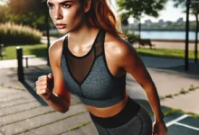 Eine sportliche Frau macht High-Intensity Interval Training (HIIT) in einem sonnigen Park, um Bauchfett zu verbrennen.