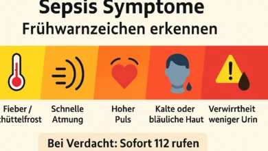 Sepsis Symptome erkennen – Übersicht der typischen Frühwarnzeichen mit Icons und Notfallhinweis 112