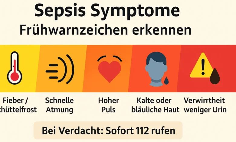 Sepsis Symptome: Erste Anzeichen rechtzeitig erkennen & handeln 1 Sepsis Symptome erkennen – Übersicht der typischen Frühwarnzeichen mit Icons und Notfallhinweis 112